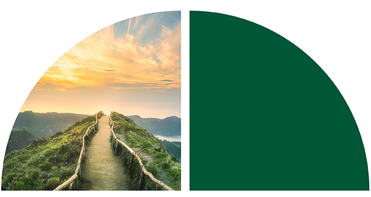 Split image: left shows a sunset over green hills with a path; right is solid dark green.